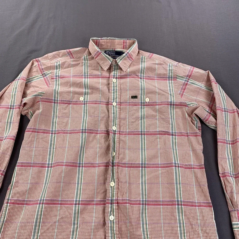 VTG Polo Ralph Lauren Shirt Men LG Pink Madras Plaid Button Down Long Sleeve 90s